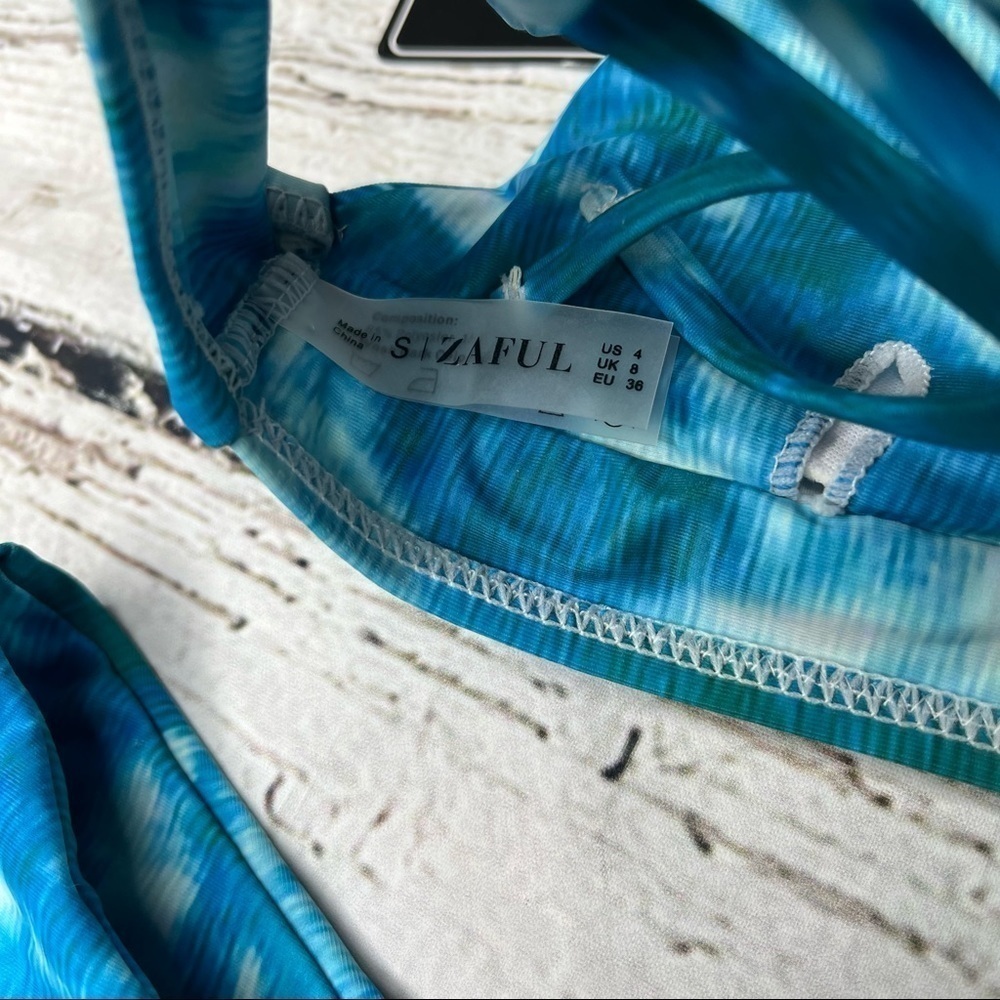 NWT Zaful Caged Top Tie Dye Blue/Green Bikini Set Size 4 - Picture 3 of 8